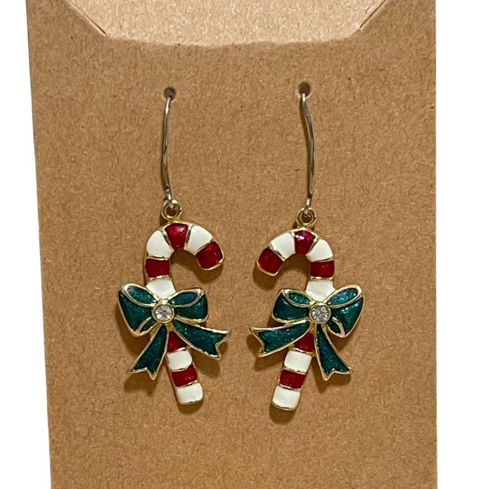 Candy Cane Bow Pierced Earrings Christmas Colors Holiday Party Festive Dangle